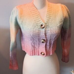 Wool blend cable knit rainbow cropped cardigan